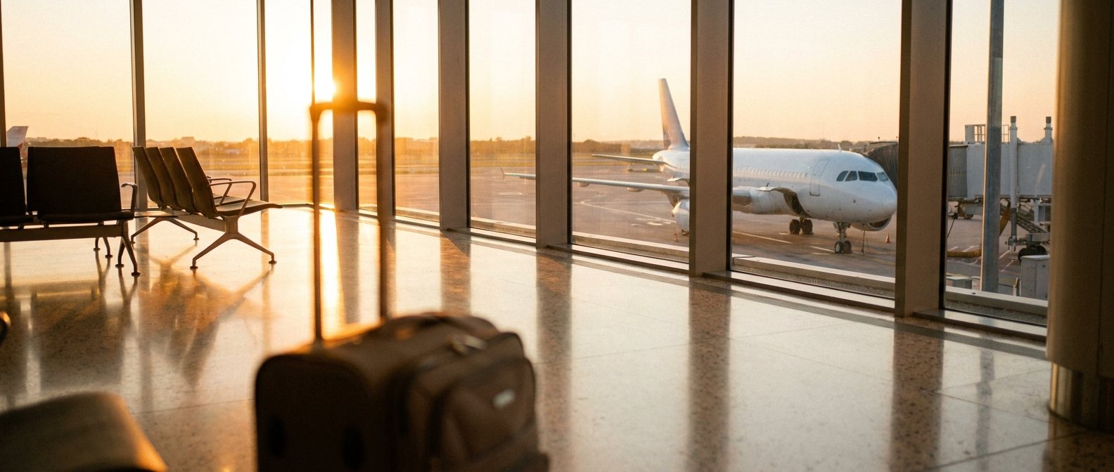 An airport terminal in golden-hour light with an aircraft at the gate