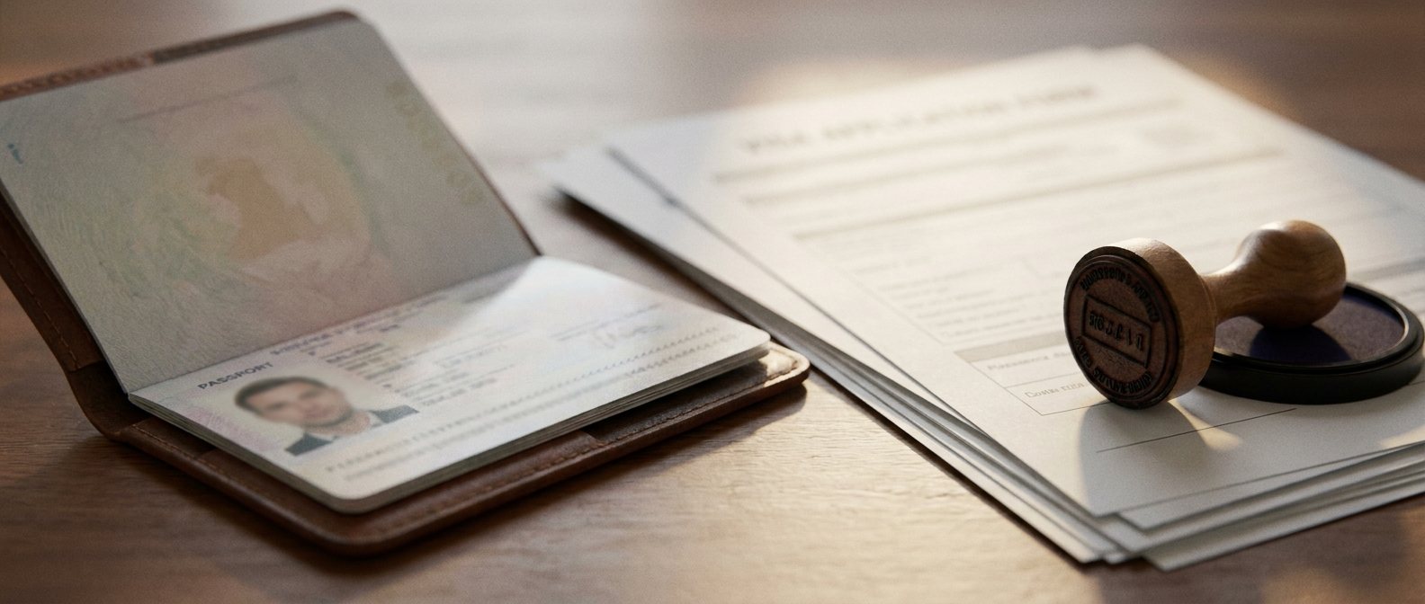 A passport open on a desk beside stacked visa forms and a date stamp
