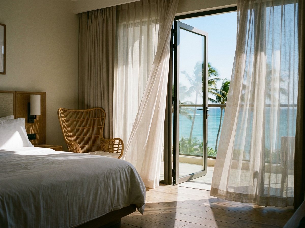 A resort suite with the balcony open to the sea